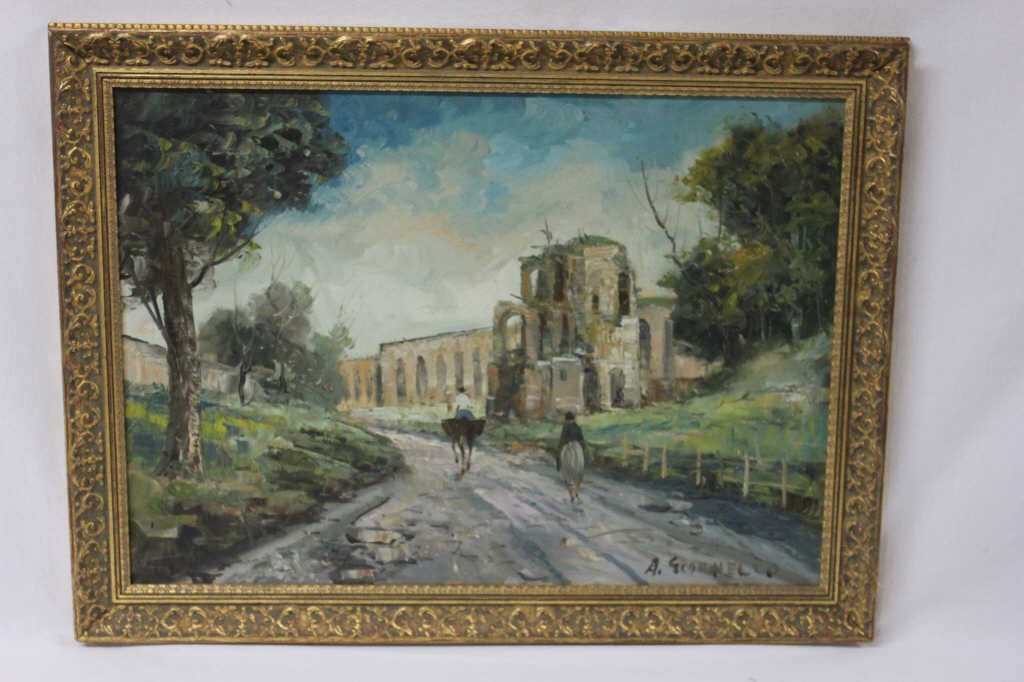 Acrylic on Canvas Pueblo Scene Signed A. Giornello: Depicts cowboy and woman walking through pueblo. Height 19 Inches Width 27 Inches