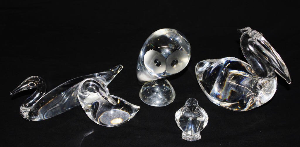 Group of Five Steuben Glass Figurines: An owl, a pelican, a gander, a duck, and a baby bird. Height of tallest (pelican) 6.5 Inches Width 8 Inches