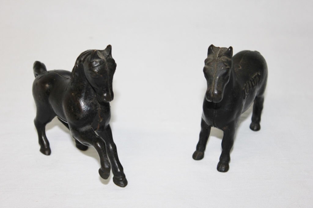 Pair of Antique Cast Iron Horse Banks: One with "BEAUTY" on side. Height 4.5 Inches Width 5 Inches