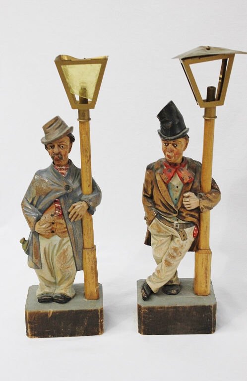 Pair of Antique German Carved Wood Music Boxes: In the form of a man leaning on a street lamp, whistling. Made by Schuco Height 17.5 Inches Width 5 Inches Depth 3.5 Inches