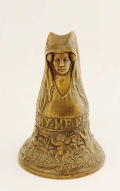 Antique Bronze Bell with Figure of Medieval Women: Height 7 Inches Inscribed in Latin, with cherubs along bottom.