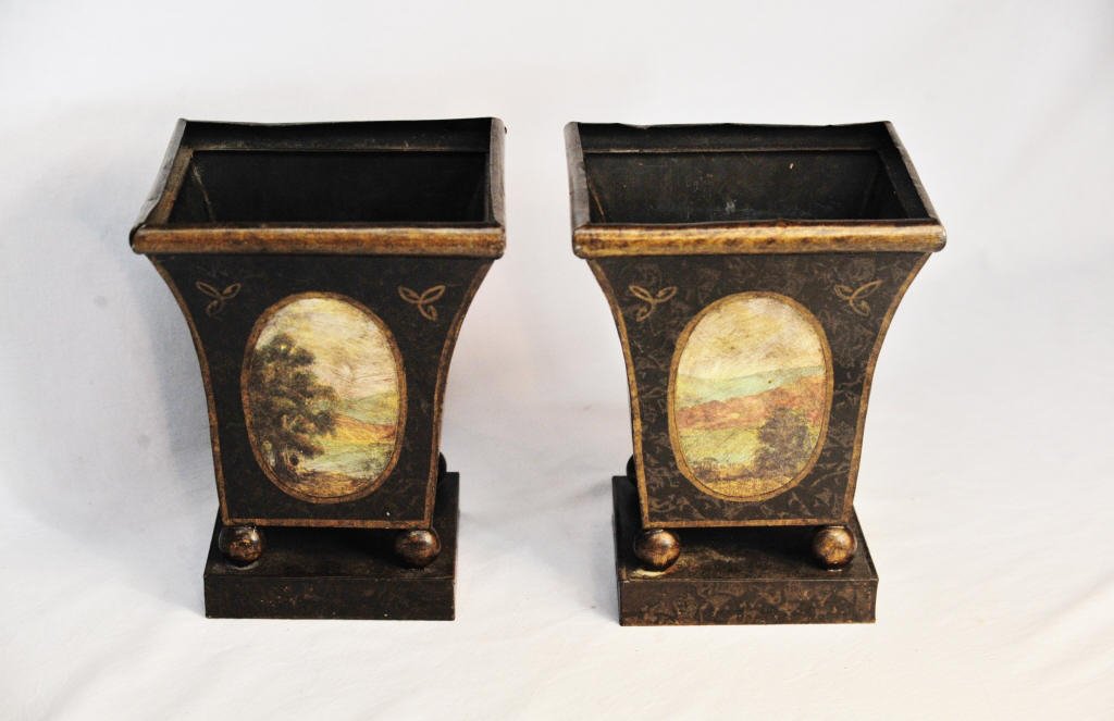 Pair of Tin Cache Pots: Painted with small oval landscape scenes on either side.