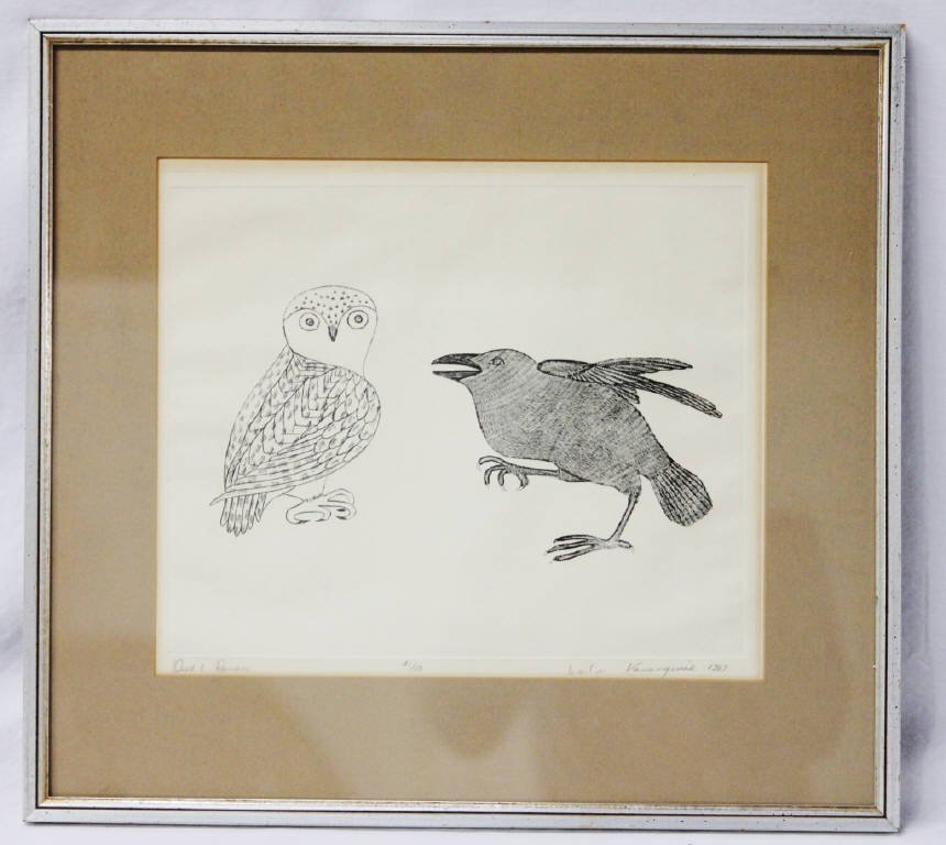 "Owl & Raven" Lithograph by Kananginak: Kananginak Pootoogook, Inuit. Born 1935, died 2010. Titled lower left, numbered 41/50 lower center, signed and dated lower right. Height 9.5 Inches Width 11.5 Inches