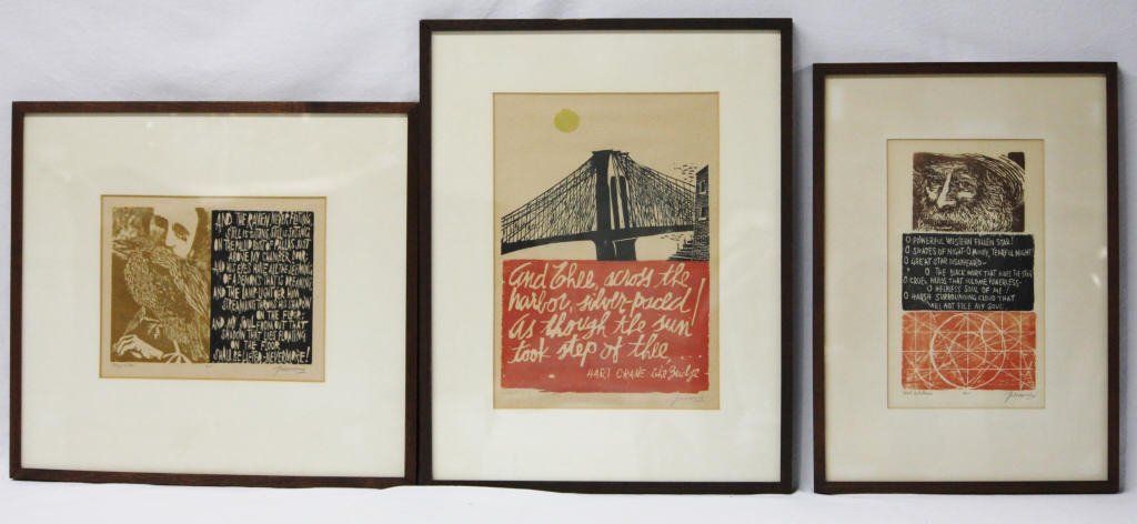 Three Woodcuts by Antonio Frasconi: One engraved with a portrait of Walt Whitman and a quote from one of his poems, one engraved with a portrait of Edgar Allen Poe and a quote from "The Raven", and one with an engraving of the Brooklyn 
