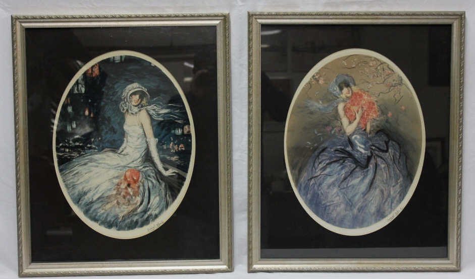 Pair Framed Marcel Bloch French Portrait Prints: Oval-shaped prints depicting women in elegant gowns. Published in a Parisian monthly. Height 17 Inches Width 13 Inches Signed in pencil
