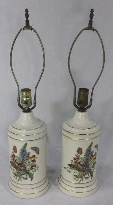 Two Floral Decorated Porcelain Lamps: Height 24 Inches Diameter 8 Inches From an estate in Mamaroneck, NY