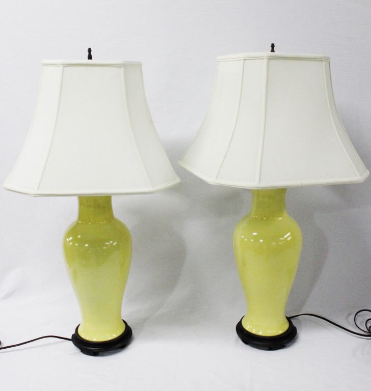 Pair of Yellow Vase Form Lamps: Unmarked. Height (including shade) 29.5 Inches. Diameter of base approximately 6 Inches