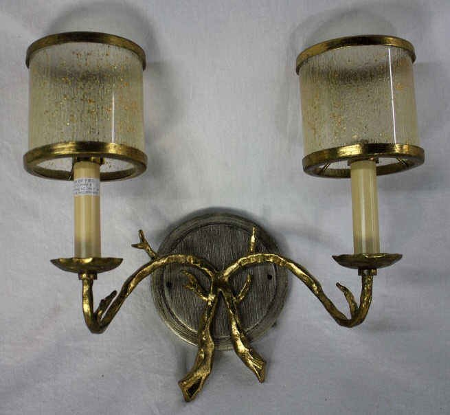 Two Gilt Metal Two Arm Wall Sconces: Never taken out of boxes Gilt Metal Twig Motif Gold Glass Shades Visual & Comfort Co. Height 9 Inches