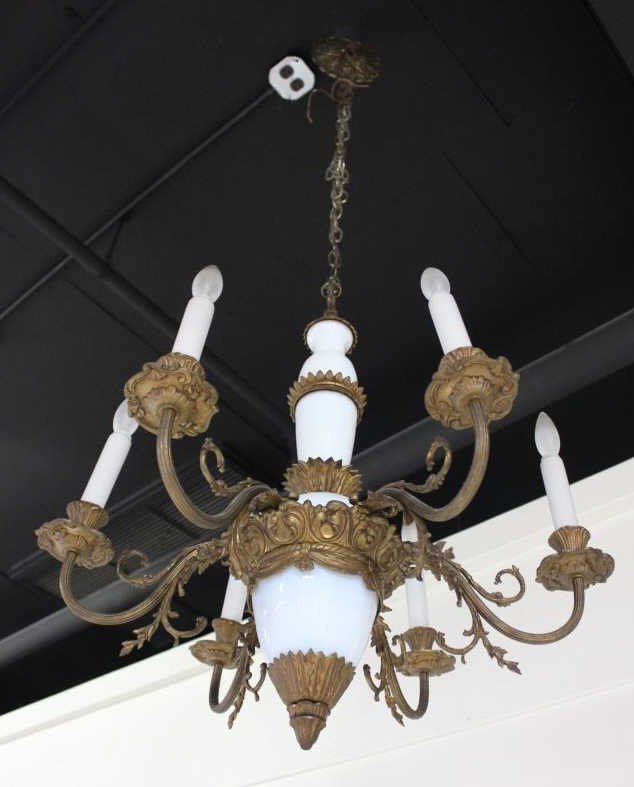 Opalescent Porcelain and Bronze Six Arm Chandelier: Height approximately 25 Inches Width approximately 15 Inches