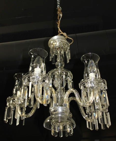 Etched Glass Five Arm Chandelier w/Hanging Prisms: Height approximately 20 Inches Width Approximately 22.5 Inches