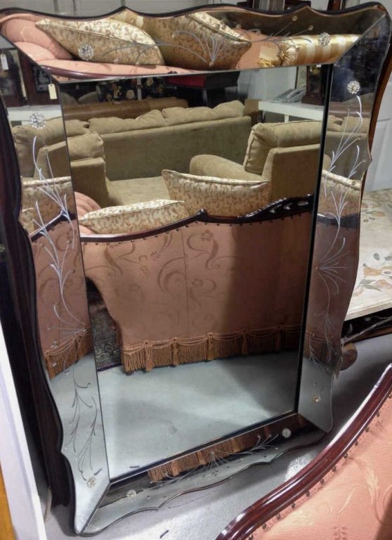 Large Italian Etched Glass Mid Century Mirror: Rectangular form with etched mirror frame. Property of a Mamaroneck NY Estate. 42 Inches by 60 inches