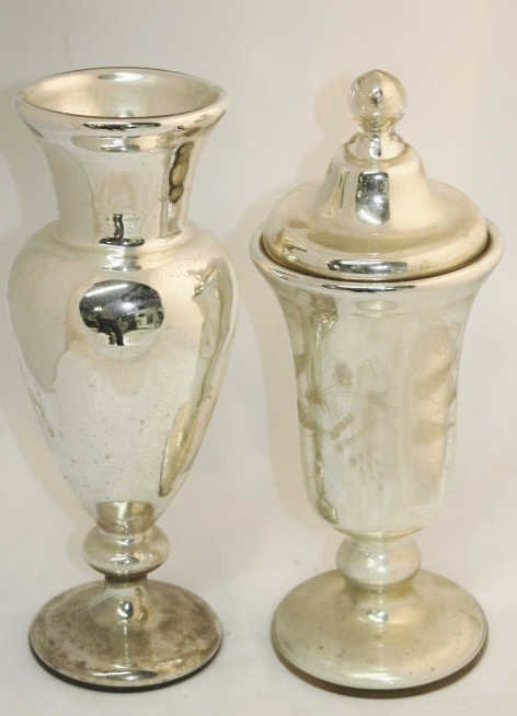 Two Mercury Glass Vases, One with Lid: Tallest Height 12 Inches Diameter approximately 4 Inches