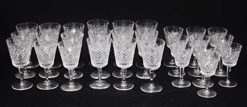 Group of Waterford Drinking Glasses: Ten water glasses, eight red wine, and fifteen white wine. Tallest Height 7 Inches Diameter 3.5 Inches
