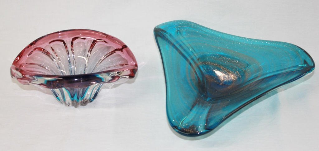 Two Murano Glass Bowls: One gold-speckled turquoise bowl, and one blue and magenta bowl. Turquoise bowl Height approximately 1.5 Inches Width approximately 12 Inches. Blue and magenta bowl Height approximately 3 Inches Width