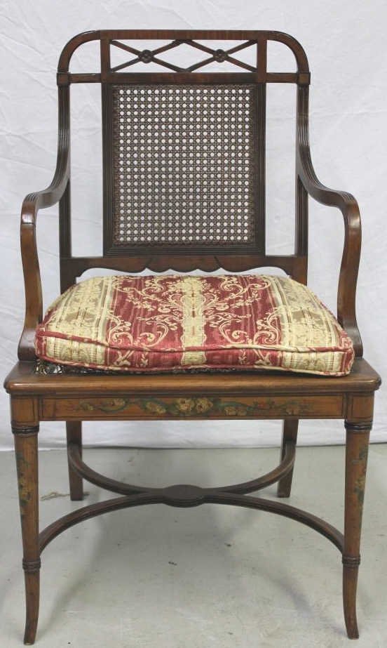 Antique Hand Painted & Caned Armchair: Height 36 inches. Width 20 inches. Depth 19 inches. Property of the Gulbenkian Estate, Pelham NY.