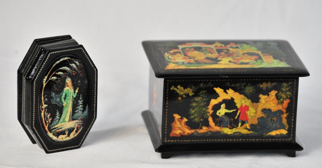 Two Russian Lacquer Boxes: Height 4 Inches Width 6 Inches Depth 4.5 Inches