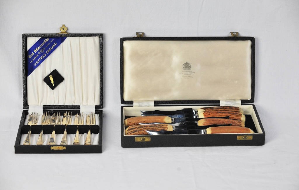 Six Sheffield Fish Forks and Six Fish Knives: Silver plate. Knives and forks in separate boxes. Fork Length 5.5 Inches Knife Length 8.5 Inches