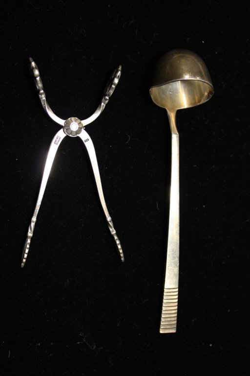 Antique Sterling Silver Sugar Tongs and Ladle: Hallmarked Tongs 4 Inches Denmark Ladle 5 Inches Georg Jensen 34.70 DWT