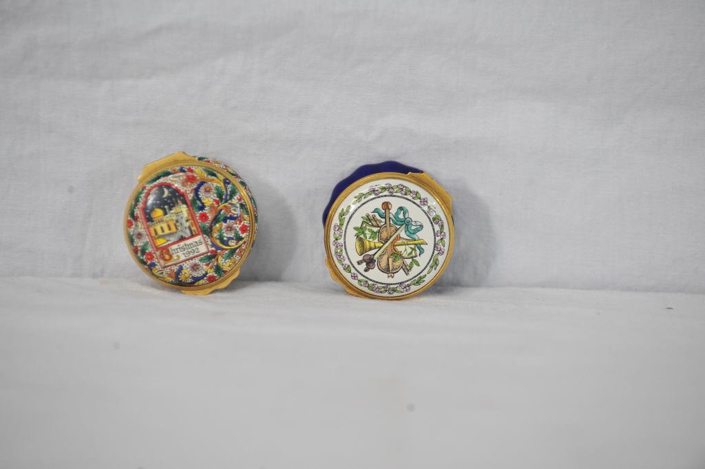 Enamel Box and Music Box: One Halcyon Days box and one Bilston and Battersea Enamel music box. Both Height 1.25 Inches Diameter 1.75 Inches