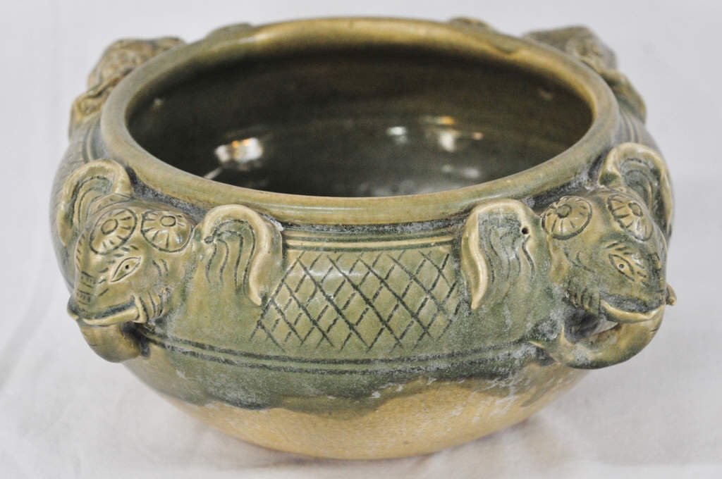 Antique Celadon Green Bowl with Elephants: Diameter 12 Inches Height 6 Inches