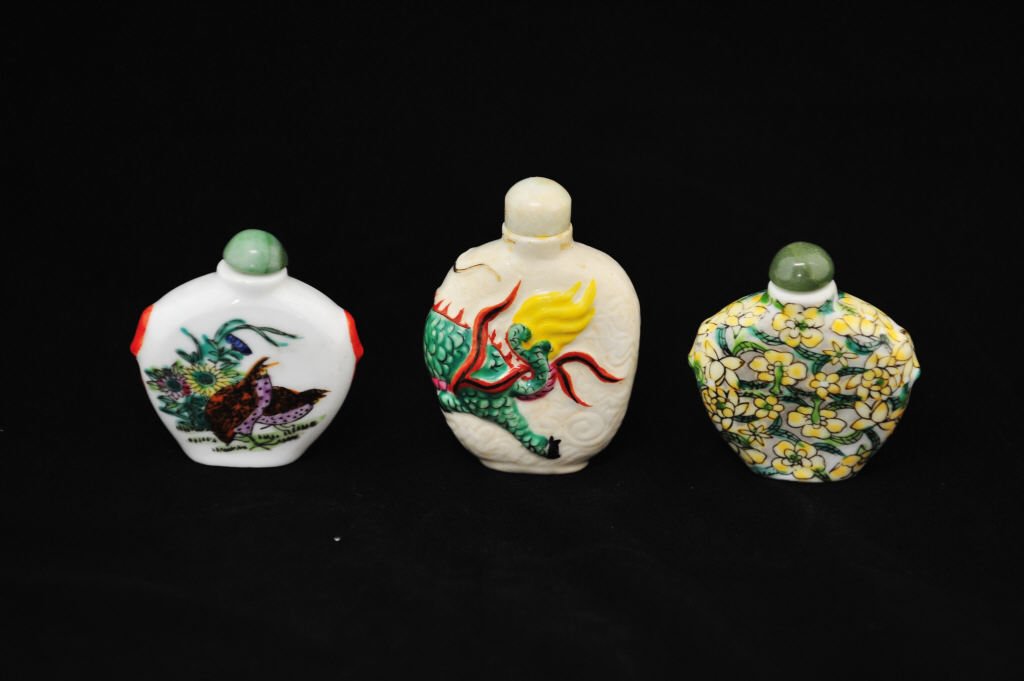 Three Hand Painted Oriental Snuff Boxes: Largest Height 3 Inches Width 2.25 Inches Medium Height 2.5 Inches Width 2.5 Inches Smallest Height 2.5 Inches Width 2 Inches