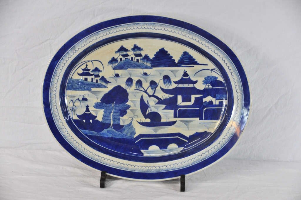 Large Blue and White Canton Platter: Height 2 Inches Length 15 Inches Width 19 Inches