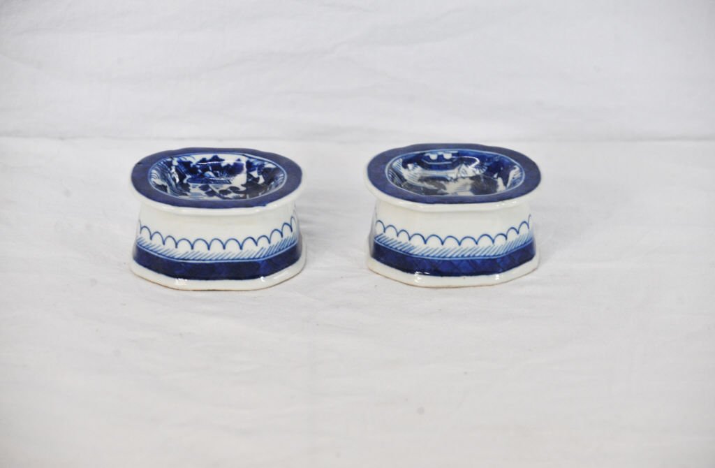 Pair of Canton Open Salt Cellars: Blue and white design Height 3 Inches Diameter 2.5 Inches
