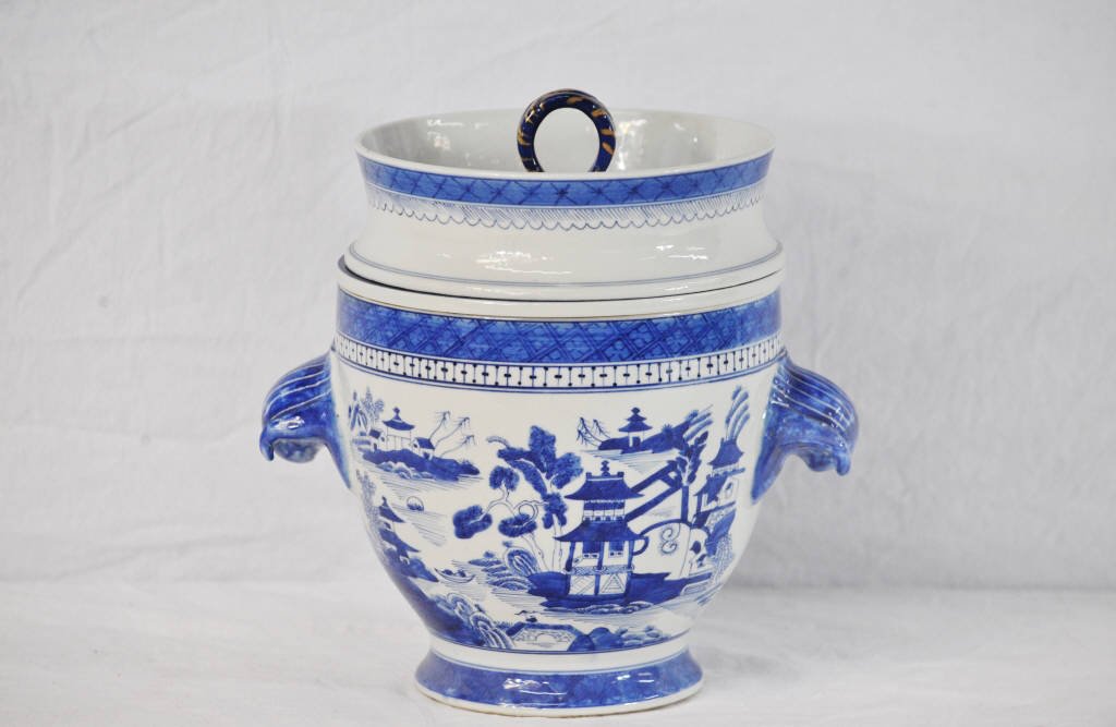 Canton Three Part Fruit Cooler: Blue and white Height 10 Inches Width 10.5 Inches Diameter 8 Inches