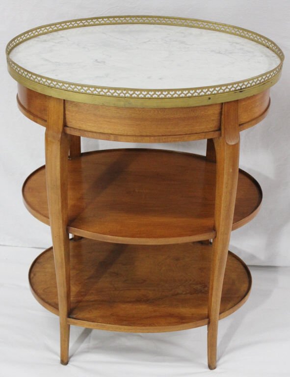 Three-Tier Oval Louis XVI Style Night Stand: With one drawer. Height 28.5 Inches Width 22 Inches Depth 16 Inches