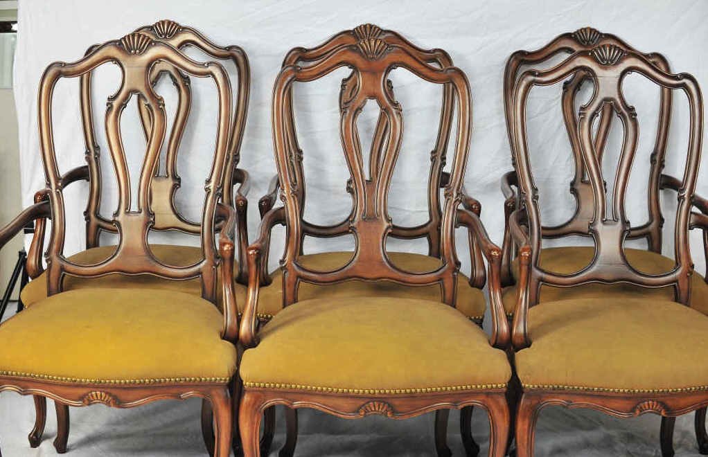 Six French Provincial Upholstered Armchairs: With brass tacks and suede upholstery Height Height 43 Inches Width 24 Inches Depth 19.5 Inches