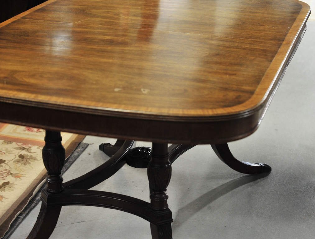 Banded Mahogany Dining Table: Height 30 Inches Width 64 Inches Depth 42 Inches