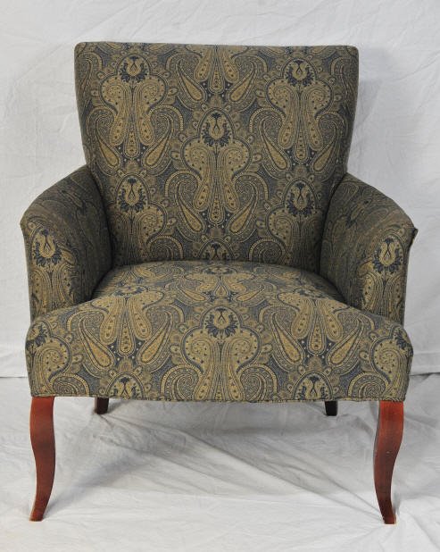 Contemporary Upholstered Armchair: By Milling Road, a division of Baker. Upholstered in blue paisley. Height 34 Inches Width 31 Inches Depth 23.5 Inches