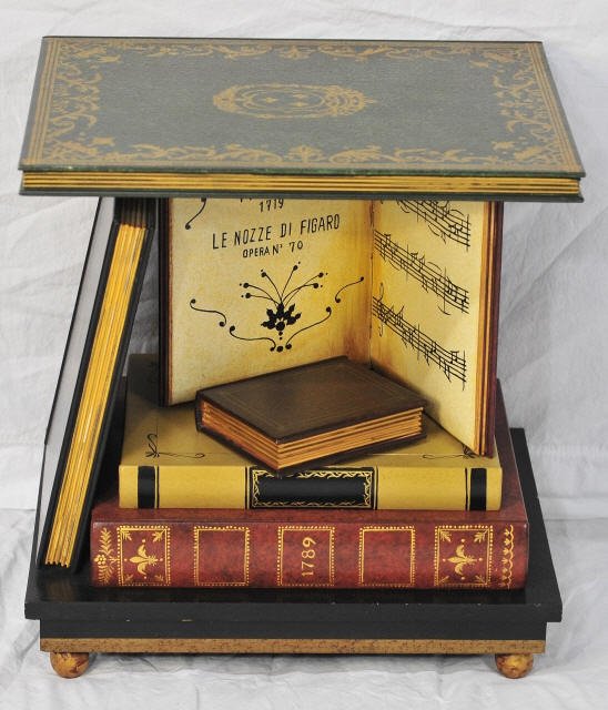 Book Stack Side Table: Table made to look like a stack of five books. Height 20.5 Inches Width 20 Inches Depth 16 Inches
