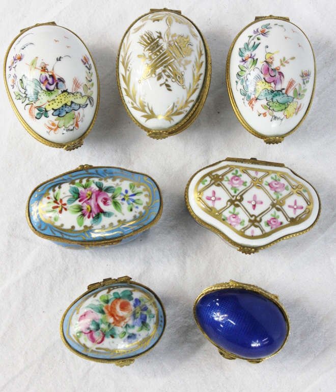 Seven Hand Painted French Trinket Boxes: Limoges one repaired one enameled box