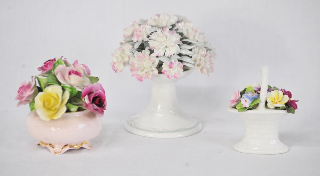 Three English Floral Decorative Porcelains: Heathcote, Royal Adderley, and Royal Doulton Tallest Height approximately 6 Inches Diameter approximately 3.5 Inches