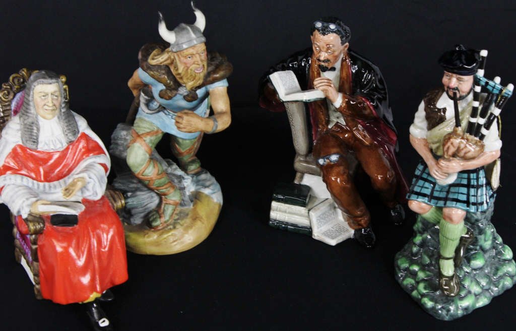 Group of Four Royal Doulton Figures: Consisting of Viking, The Judge, The Professor, and The Piper. Tallest Height 9 Inches