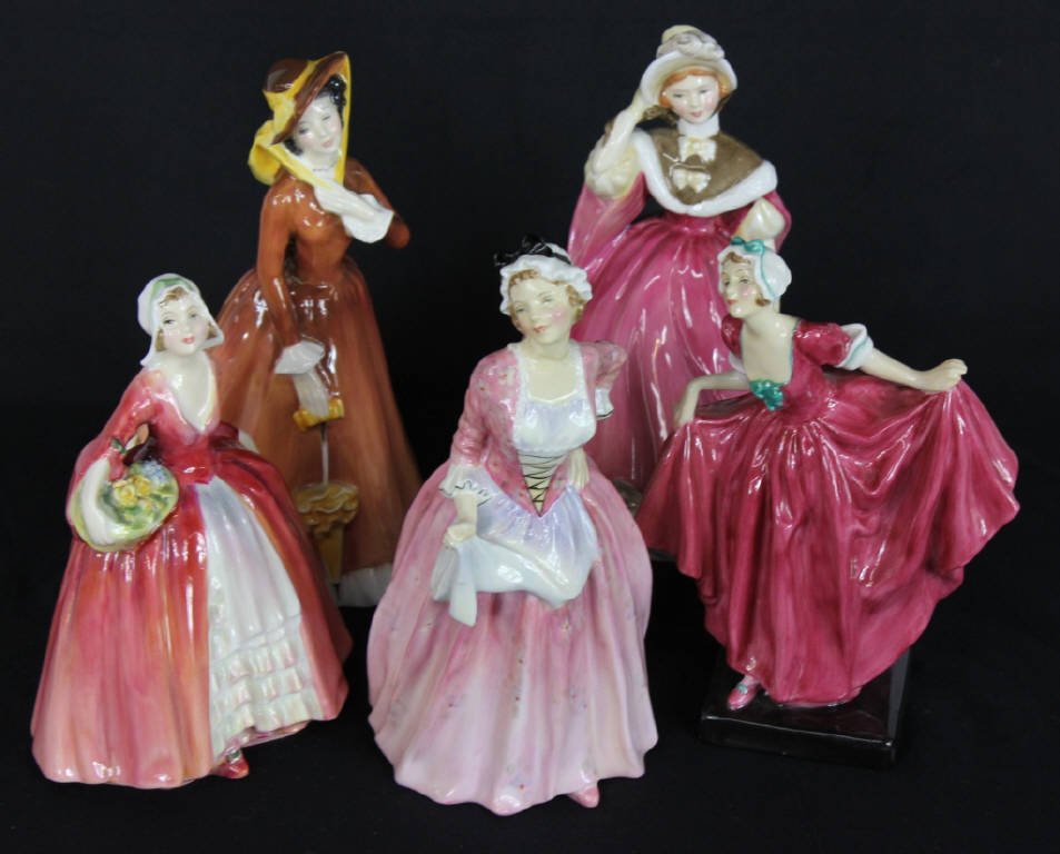 Group of Five Royal Doulton Porcelain Ladies: Julia, Mary Jane, Janet, Delight, and Sunday Morning Tallest Height 8 Inches.