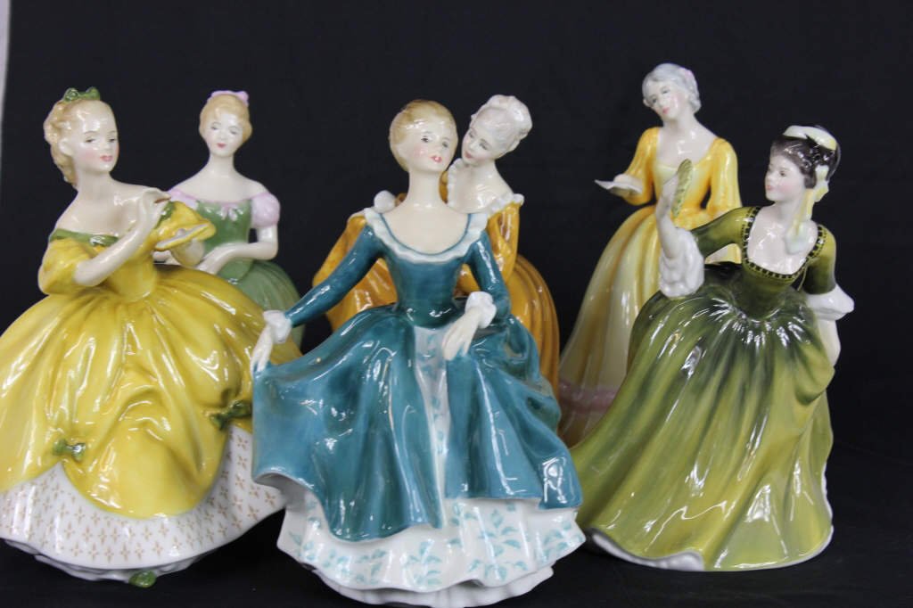 Group of Six Royal Doulton Figurines: Kimberly, Janine, The Last Waltz, Kirsty, Simone, and Clarissa. Tallest Height 8 Inches.