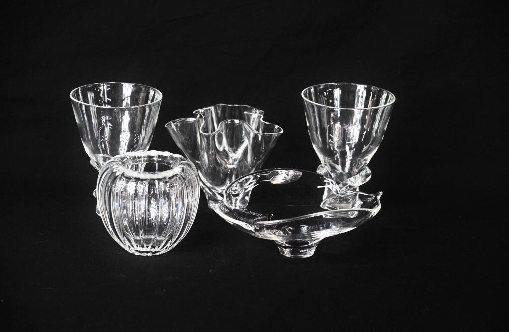 Group of Five Assorted Steuben Bowls and Vases: Tallest Height 7 Inches Diameter 5.5 Inches Longest Length 10 Inches Width 7.5 Inches