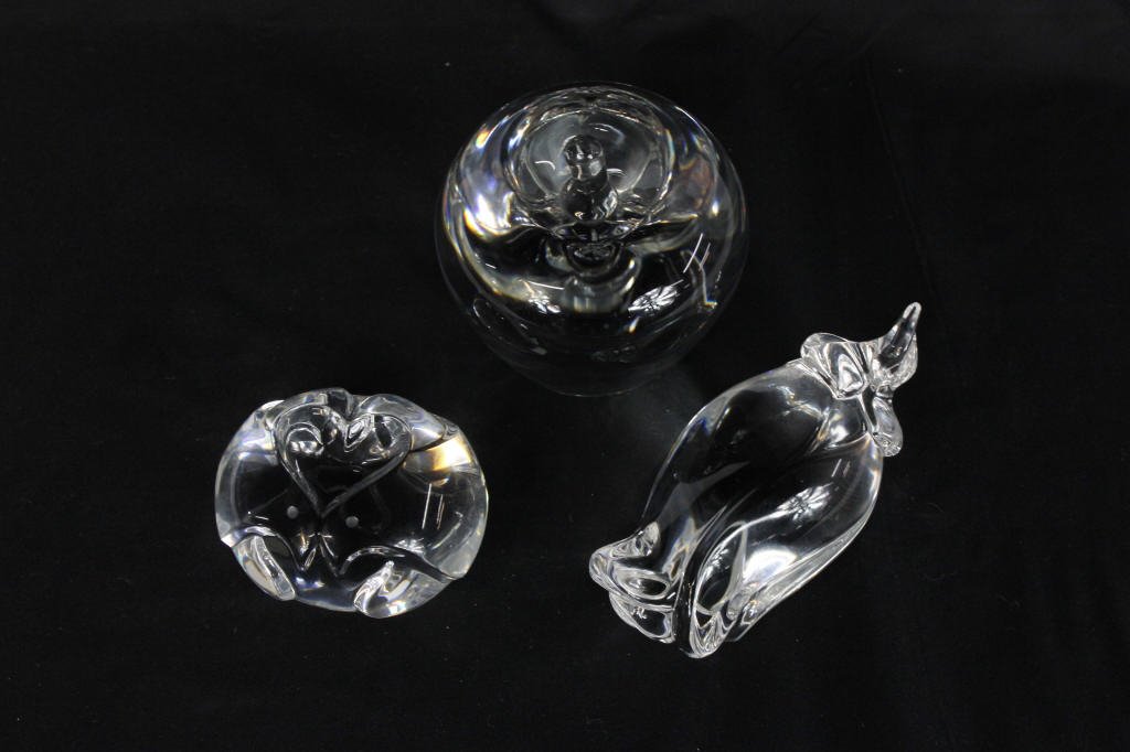 Steuben Apple, Rosebud, and Lovebird Paperweights: Height 4 Inches Width 3.5 Inches Signed