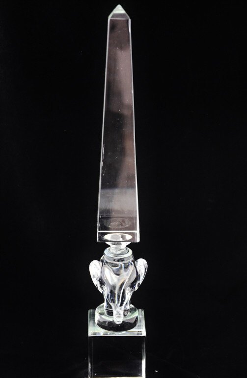 Glass Decorative Obelisk on Elephant Base: Repaired, unsigned. Height 24.5 Inches Width approximately 4 Inches Depth approximately 3.5 Inches