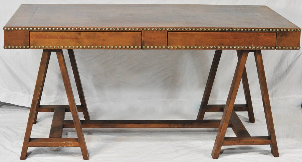 Modern Leather Studded Two Drawer Campaign Desk: In the style of Karl Springer. Height 29.5 Inches Width 60.5 Inches Depth 31 Inches