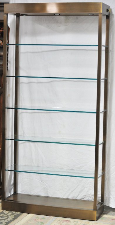 Brushed Chrome and Glass Lighted Etagere: With down lights. Height approximately 84 Inches Width 40 Inches Depth 14 Inches
