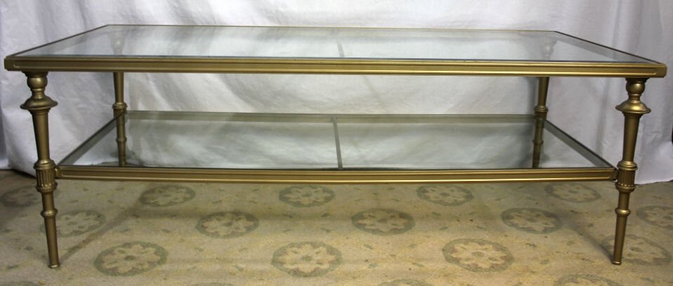 Modern Metal and Glass Two-Tier Coffee Table: Height 19.5 Inches Width 56 Inches Depth 25 Inches
