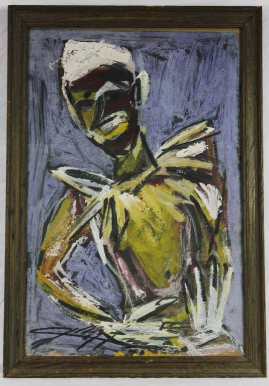 Jesus "Chucho" Reyes Ferreira Painting of Clown: Chucho Reyes, Mexican 1882-1977, a self-taught artist and art collector. He produced the majority of his works after age 58, in Mexico City. Signed lower left. Depiction of a clown, payaso, on grey ba
