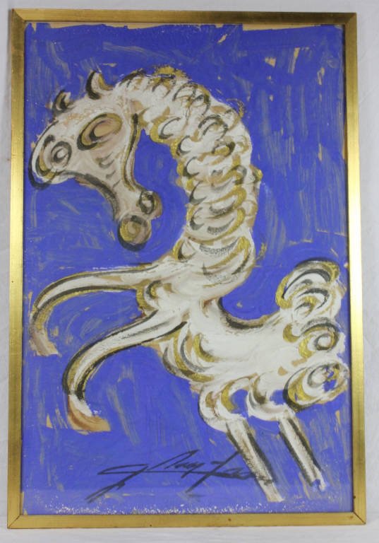 Jesus "Chucho" Reyes Ferreira Painting of Horse: Signed on bottom. Chucho Reyes, Mexican 1882-1977, a self-taught artist and art collector. He produced the majority of his works after age 58, in Mexico City. Depiction of a horse, caballo, on blue ba