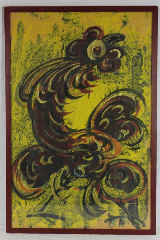 Jesus "Chucho" Reyes Ferreira Painting of Rooster: Chucho Reyes, Mexican 1882-1977, a self-taught artist and art collector. He produced the majority of his works after age 58, in Mexico City. Colorful depiction of a rooster, gallo, on yellow backgroun
