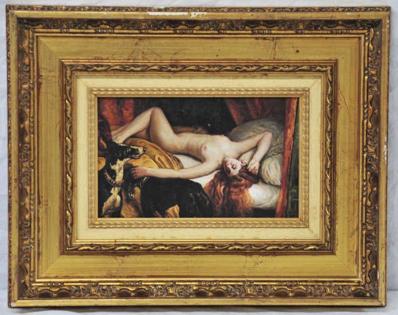 Oil on Board Reclining Nude with Dogs: Unsigned. Red haired woman lying on a bed, with two dogs beside her. Height 6 Inches Width 9.5 Inches