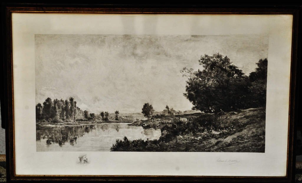 Charles Daubigny Landscape Lithograph: Etching by Charles Daubigny, French 1817-1878. Printed by Charles Walker. Lithograph. Height approximately 14 Inches Width approximately 26 Inches. Dated 1865.