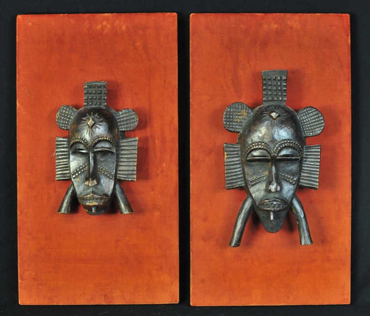 Two African Wood Deities on Plaques: Height 20.5 Inches Width 11.5 Inches Plaques Height 20 inches Deities Height 13 Inches
